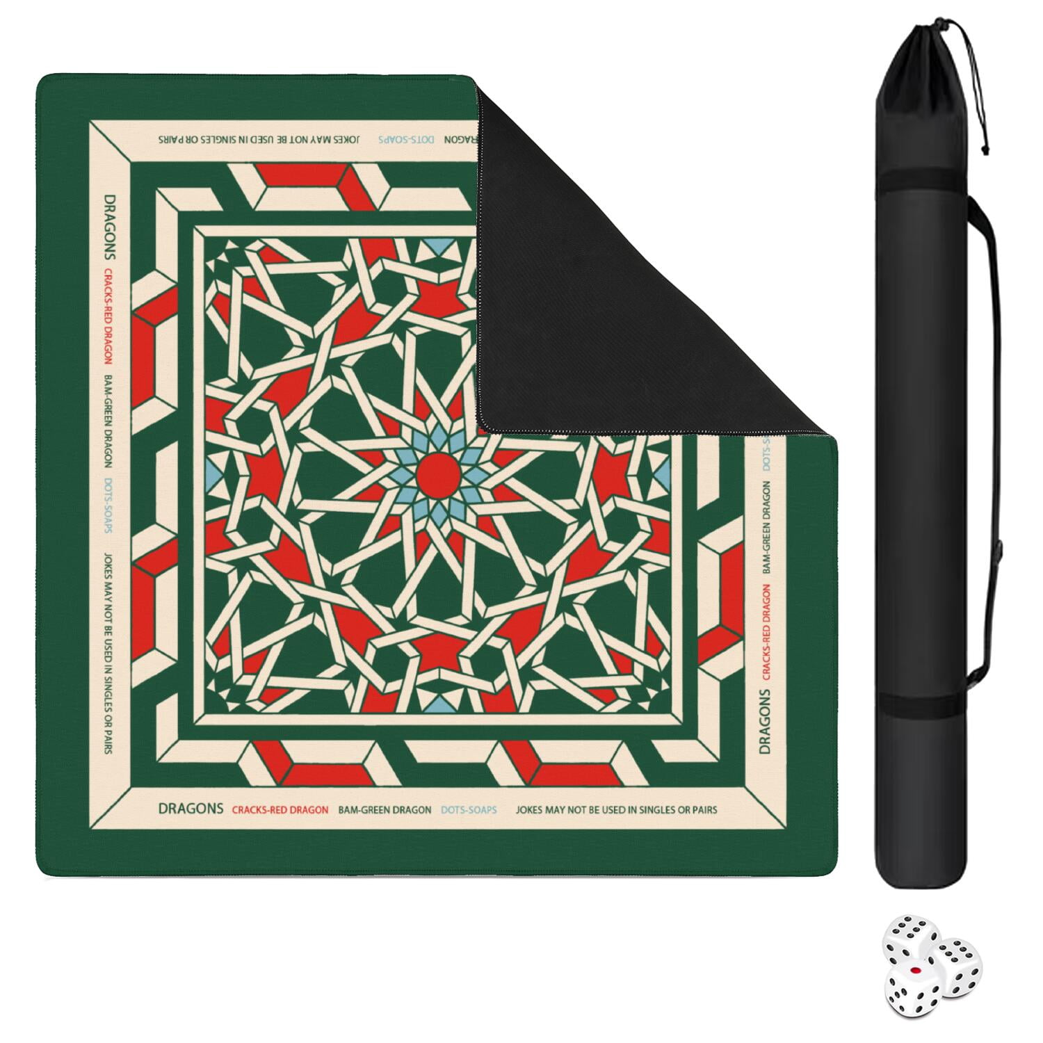 Green Mahjong Mat with Rules, 31.5*31.5in Anti Slip American Mahjong Mat for Table, Noise Reduction, Neoprene Mah jongg Mats with Carrying Bag & 3 Dices, Mahjong Supplies Gift, Board Tile Games Mats