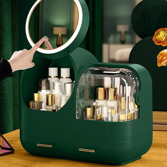 Green Makeup Organizer with 360° Rotating LED Mirror and Drawers, Portable Skincare Organizers with Transparent Cover and USB Charging, Makeup Storage Organizer Box for Bedroom Vanity Table