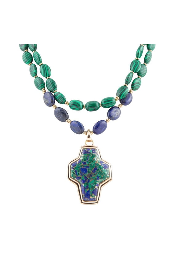 Green Malachite Azurite Cross Statement Golden Necklace