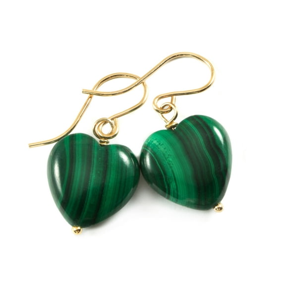 Green Malachite Earrings Smooth Heart Shaped Dainty Drops 14k Yellow Gold Spyglass Designs