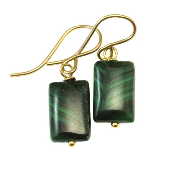 Green Malachite Earrings Smooth Rectangle Dainty Drops 14k Yellow Gold Filled Spyglass Designs