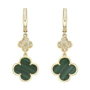 Green Malachite Flower Dangle Drop Earrings for Women in 925 Sterling Silver with Yellow Gold Plating Hinge Post by Lavari Jewelers