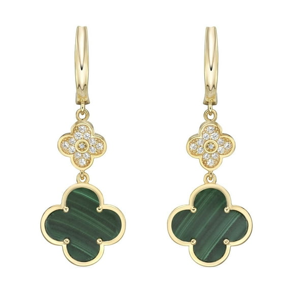 Green Malachite Flower Dangle Drop Earrings for Women in 925 Sterling Silver with Yellow Gold Plating Hinge Post by Lavari Jewelers