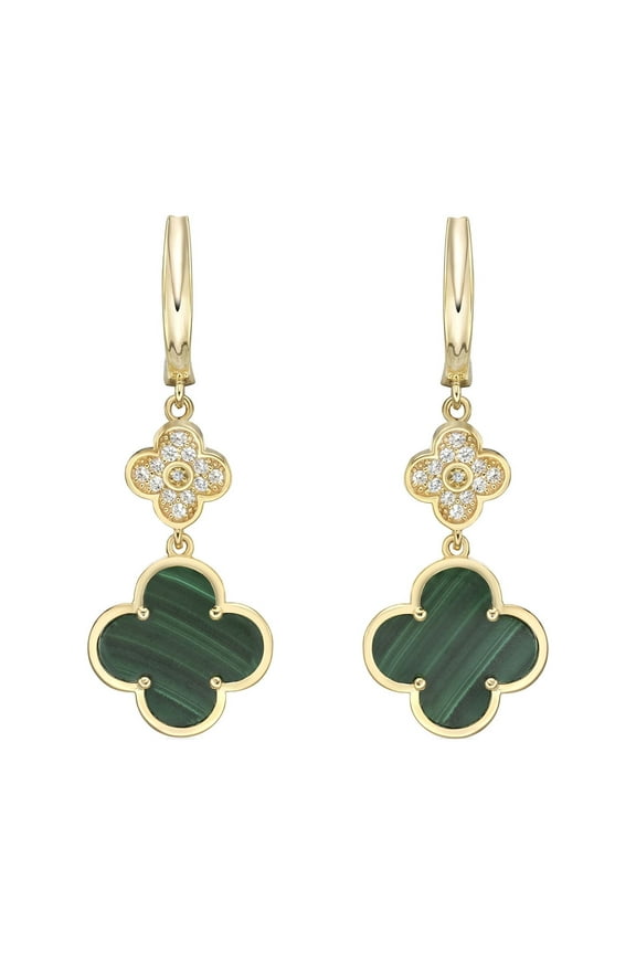 Green Malachite Flower Dangle Drop Earrings for Women in 925 Sterling Silver with Yellow Gold Plating Hinge Post by Lavari Jewelers