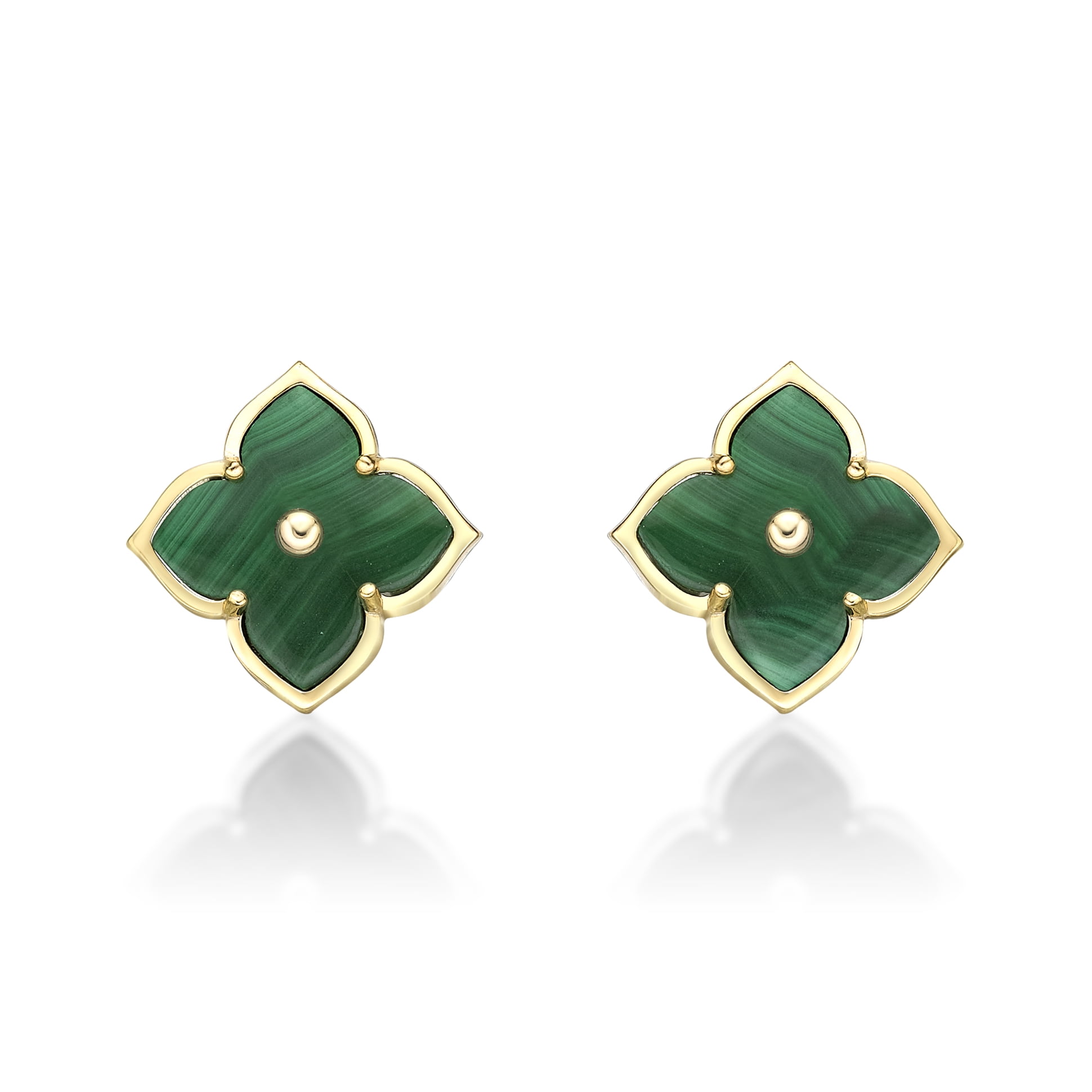 Green Malachite Flower Stud Earrings for Women in 925 Sterling Silver with Yellow Gold Plating Post Back 12 mm by Lavari Jewelers