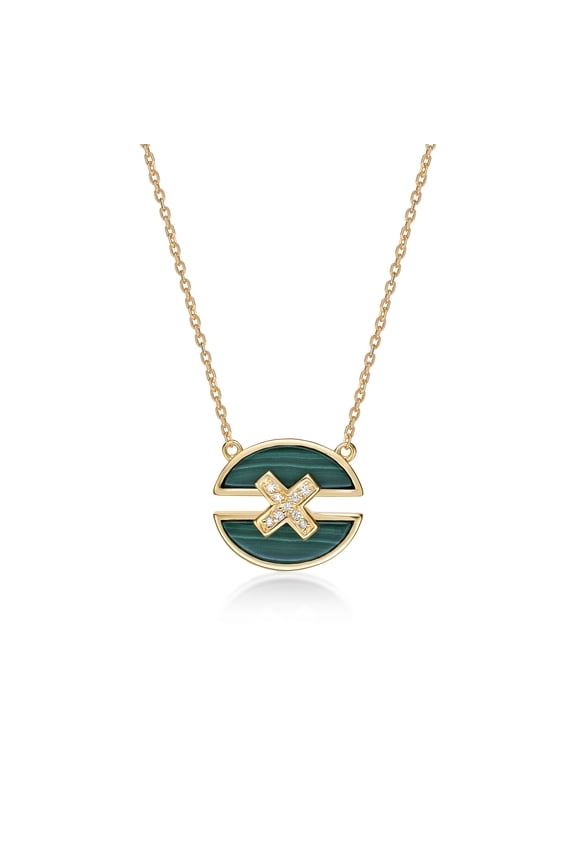 Green Malachite X Center Split Oval Pendant Necklace for Women in 925 Sterling Silver with Yellow Gold Plating with White Sapphire on 18 Inch Long Adjustable Chain Lobster Claw by Lavari Jewelers