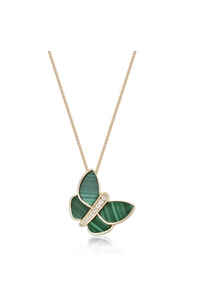 Green Malachite and Cubic Zirconia Butterfly Pendant Necklace in 925 Sterling Silver with Yellow Gold Plating on 18 Inch Chain with Spring Ring