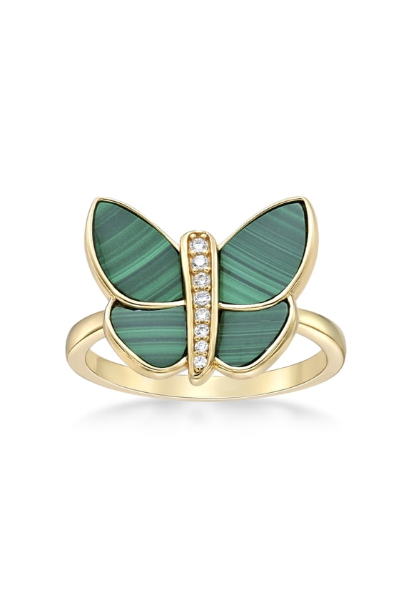 Green Malachite and Cubic Zirconia Butterfly Ring for Women in 925 Sterling Silver with Yellow Gold Plating Size 8