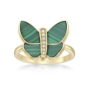 Green Malachite and Cubic Zirconia Butterfly Ring for Women in 925 Sterling Silver with Yellow Gold Plating Size 8