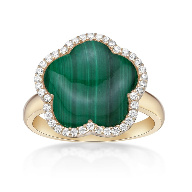 Green Malachite and Cubic Zirconia Five Petal Flower Ring in 925