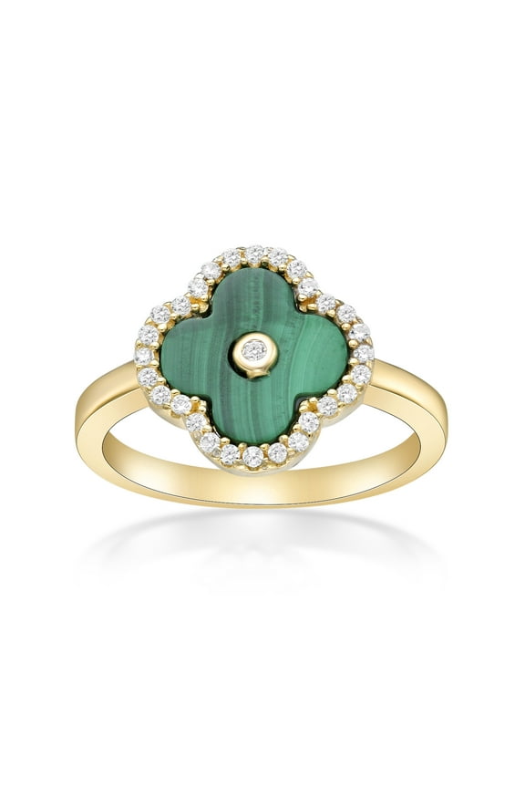 Green Malachite and Cubic Zirconia Four Leaf Clover Ring in 925 Sterling Silver with Yellow Gold Plating Size 8 by Lavari Jewelers