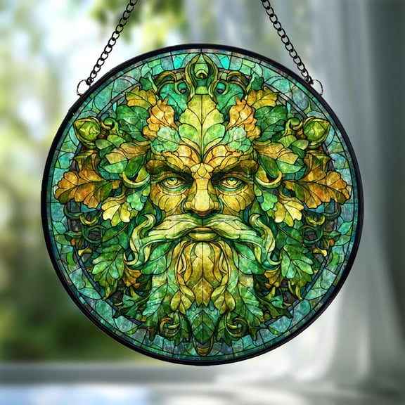 Green Man Glass Suncatcher, Celtic Nature Spirit Window Hanging Forest Guardian, 6.3 in