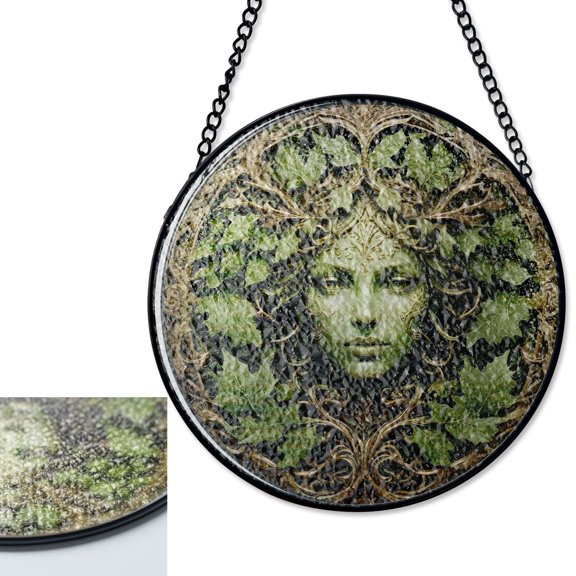 Green Man Nature Face Stained Glass Suncatcher, Garden Window Decor
