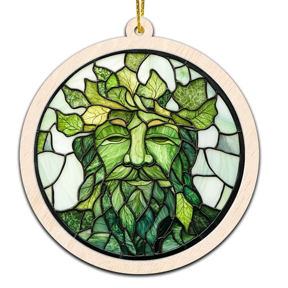 Green Man Stained Glass Suncatcher Ornament Text Christmas 2025 Tree Decoration Gift for Family, Friends, Man & Woman