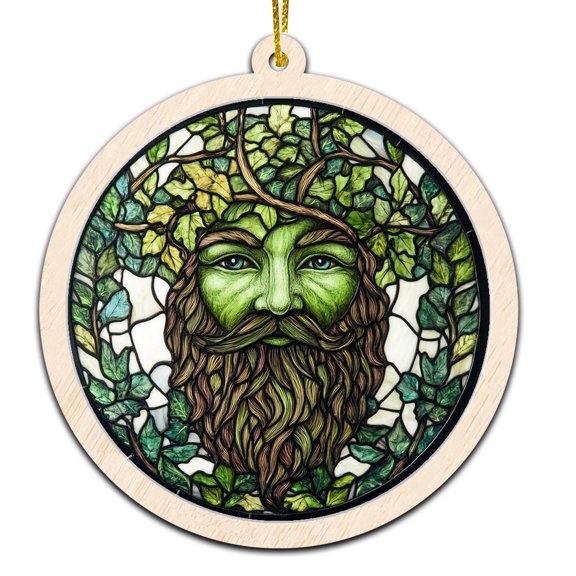 Green Man Stained Glass Suncatcher Ornament  Text Christmas 2025 Tree Decoration Gift for Family, Friends, Man & Woman