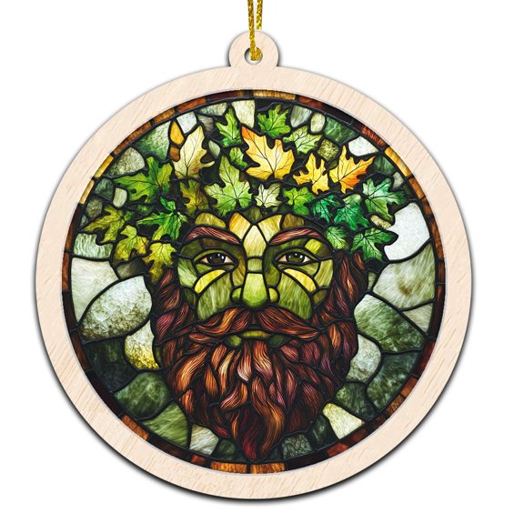 Green Man Stained Glass Suncatcher Ornament Text Christmas 2025 Tree Decoration Gift for Family, Friends, Man & Woman