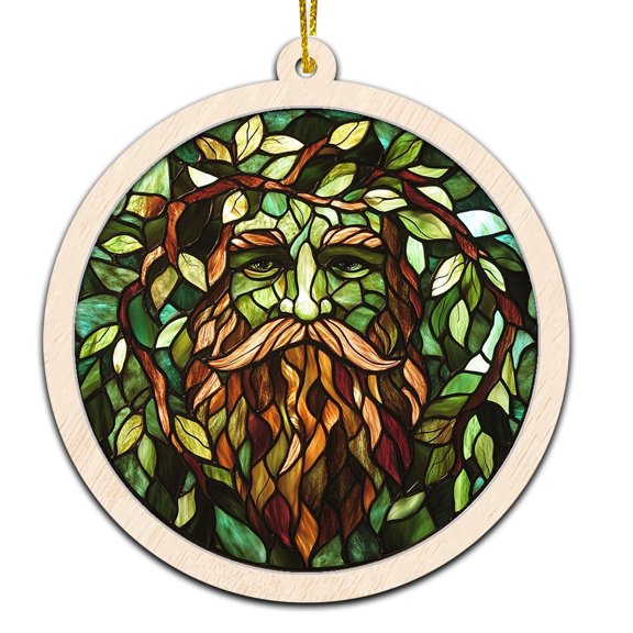 Green Man Stained Glass Suncatcher Ornament Text Christmas 2025 Tree Decoration Gift for Family, Friends, Man & Woman