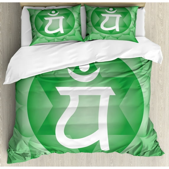 Green Mandala Duvet Cover Set King Size, Archaic Chakra with Star and Circle Motif Eastern Culture Design, Decorative 3 Piece Bedding Set with 2 Pillow Shams, Pale Green and White, by Ambesonne