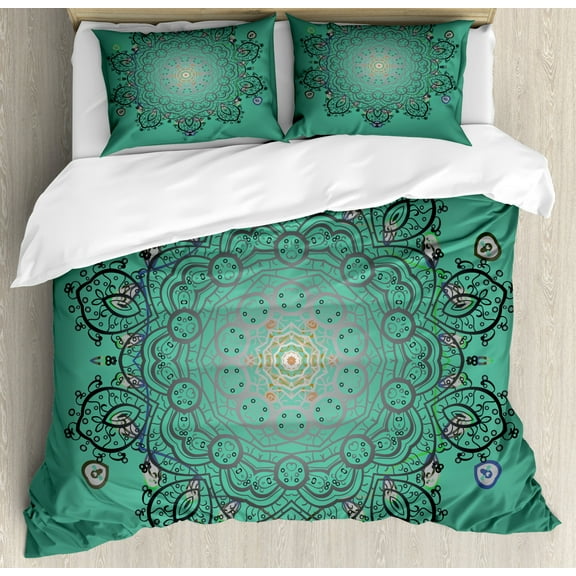 Green Mandala Duvet Cover Set King Size, Vintage Composition with Blossoming Ethnic Flower Arrangement Artistic Design, Decorative 3 Piece Bedding Set with 2 Pillow Shams, Multicolor, by Ambesonne