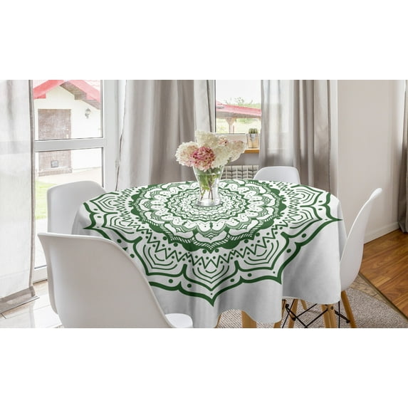 Green Mandala Round Tablecloth, Vintage Mandala Composition with Floral Folklore Design, Circle Table Cloth Cover for Dining Room Kitchen Decoration, 60", Green and White, by Ambesonne