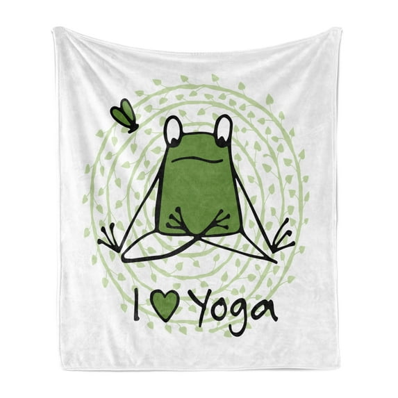 Green Mandala Soft Flannel Fleece Throw Blanket, Funny Cartoon Character Sketch Style Animal with I Love Yoga Words, Cozy Plush for Indoor and Outdoor Use, 50" x 70", Green Black White, by Ambesonne