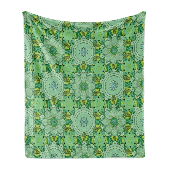 Green Mandala Soft Flannel Fleece Throw Blanket, Monochrome Art Illustration in Green Shades Flower Pattern Creative Print, Cozy Plush for Indoor and Outdoor Use, 50" x 60", Multicolor, by Ambesonne