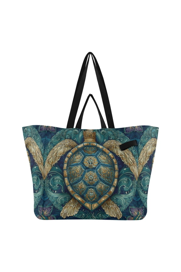 Green Mandala Turtle Canvas Tote Bag Large Capacity Reusable Tote with Double Handles, Foldable Heavy Duty Shopping Beach Laundry Bag, 32L