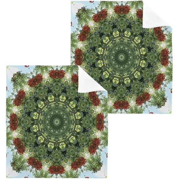 Green Mandala Washcloth 12x12in Set, 4 Pack Absorbent Cotton Towel Square Kitchen Dishes Towels, Soft Cleaning Face Hand Towel Fast Drying