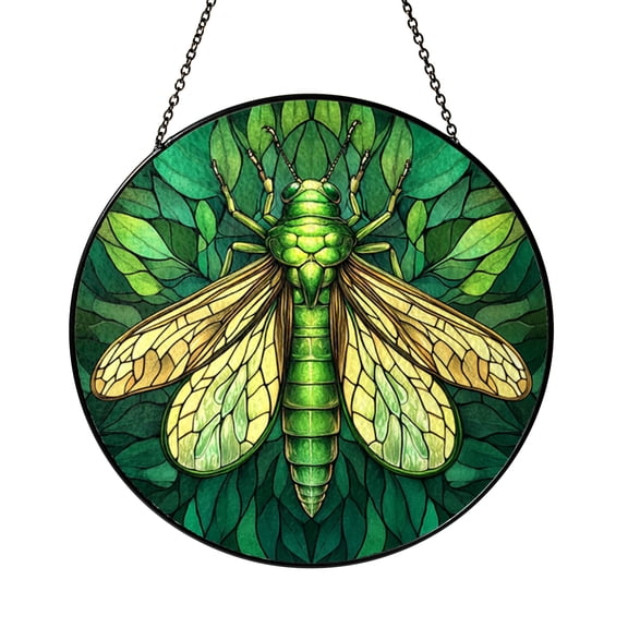 Green Mantis Insect Scene Stained Glass Style Window Hanging Suncatcher, Detailed Nature Art Gift for Garden Lovers