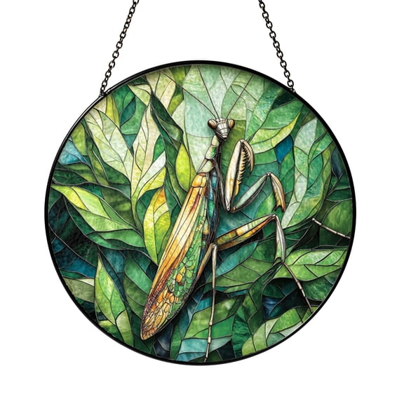 Green Mantis Round Stained Glass Suncatcher – Decorative Window Art