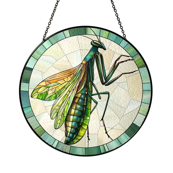 Green Mantis Stained Glass Style Round Suncatcher – Insect Window Hanging Art