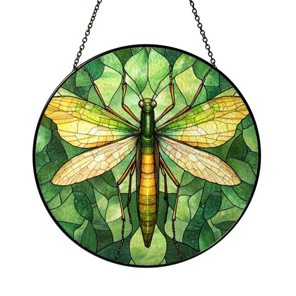 Green Mantis Stained Glass Suncatcher, Insect Inspired Window Hanging Art for Nature Loving Home Decor