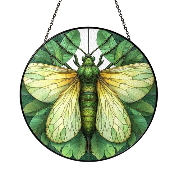 Green Mantis Stained Glass Suncatcher, Round Insect Window Hanging Panel, Nature Inspired Home Decor Gift