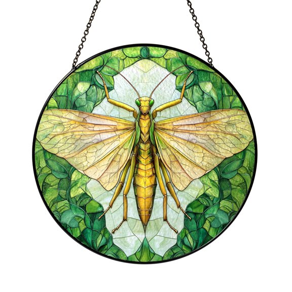 Green Mantis Wildlife Stained Glass Suncatcher, Decorative Window Hanging for Nature Inspired Living Spaces