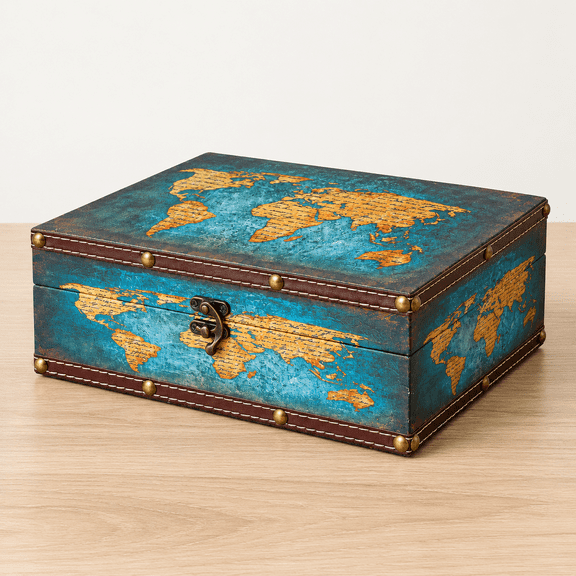 Green Map Pattern Wooden and PU Leather Rectangular Decorative Treasure Storage Box