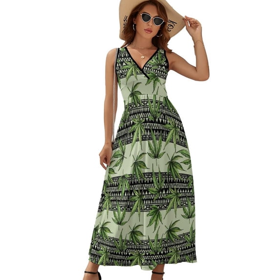 Green Maple Leaves Seamless Pattern Dress Summer Street Style Bohemia Long Dresses Female Sleeveless Printed Maxi Dress