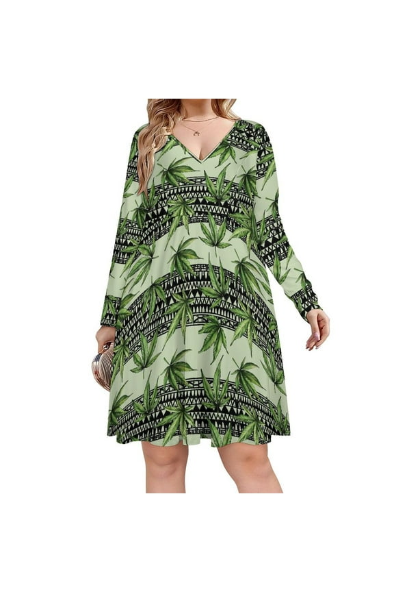 Green Maple Leaves Seamless Pattern Long Sleeve Sexy Dresses For Women Ladies Vintage Elegant Party Dress Oversized V-neck Dress