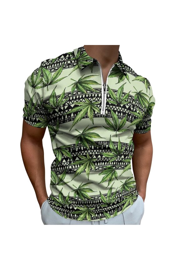 Green Maple Leaves Seamless Pattern Men Zipper T-shirt Summer Casual Short Sleeve T-shirt Top