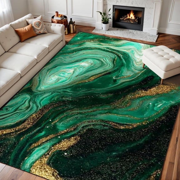 Green Marble Area Rug, Abstract Agate Texture Pattern Carpet, Washable Non Slip Low Pile Soft Thin, Living Room Bedroom Dining Office Home Decor Mat 2x3ft
