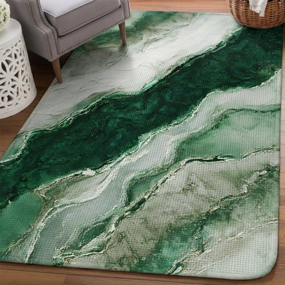 Green Marble Area Rugs for Living Room 5x6, Abstract Stone Modern Luxury Washable Area Rug with Non Slip Backing, Stain Resist Linen Carpet for Bedroom, Dining Room, Entryway, Entrance
