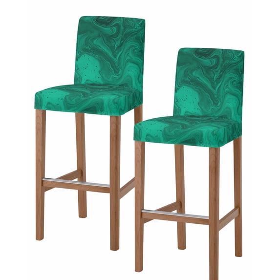 Green Marble Bar Stool Covers Set of 2, Modern Farmhouse Gradient Abstract Fluid Art Stretch Bar Chair Covers with Backs, Removable Pub Counter Height Chair Cover for Kitchen Dining Room Cafe