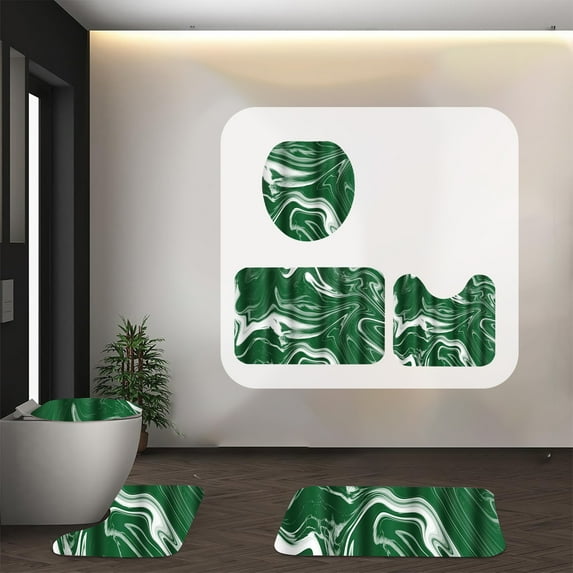 Green Marble Bath Set 3 Pieces Shower Curtain and Bath Mats Non-Slip Absorbent Rugs Toilet Lid Cover U Shape Mat Waterproof Polyester