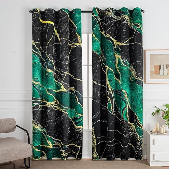 Green Marble Blackout Curtains Abstract Art Gold Lines Thermal Insulated Darkening Curtains Cracked Veins Crystal Texture Window Drape For Bedroom Living Room Decor 26"W x 63"L (Pack of 2)