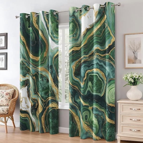 Green Marble Blackout Curtains for Home Decor, Marble Agate Curtains for Bedroom Living Room Decor, Modern Abstract Thermal Insulated Grommet Drapes 42"W x 108"L (Pack of 2)