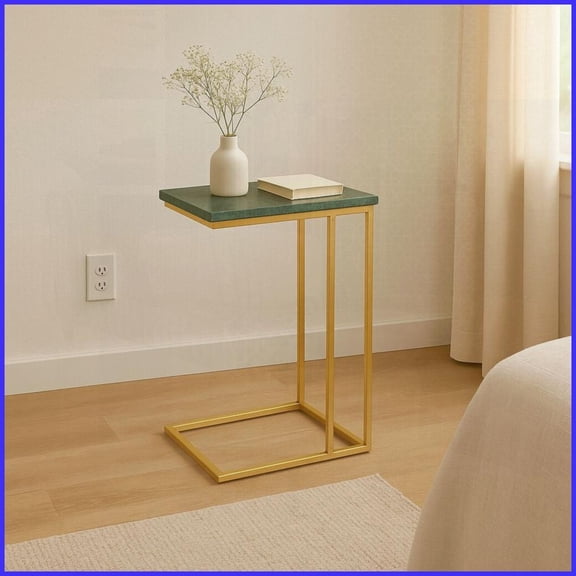 Green Marble C-Shaped Coffee Table with Golden Metal Frame Space-Saving Modern Living Room Accent, 24 Inches High