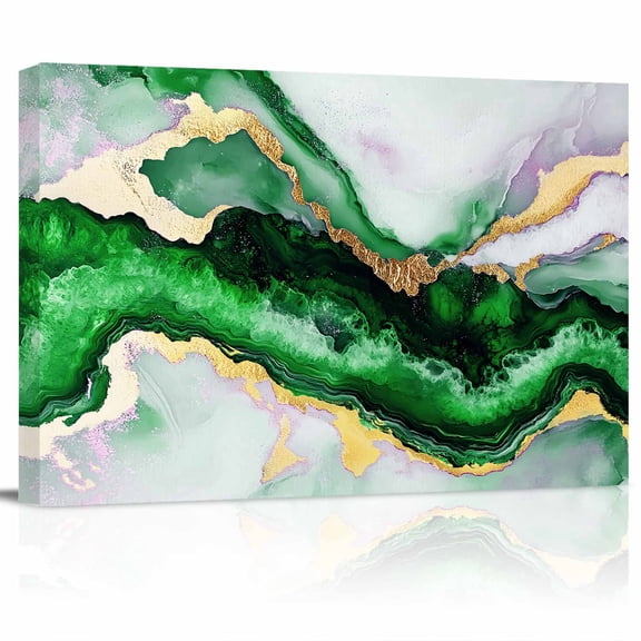 Green Marble Canvas Print Wall Art Modern Abstract Art Gradient Green Black Gold Beach Waves Pictures Painting Morden Artwork for Living Room Bedroom, Ready to Hang - 12"x16"