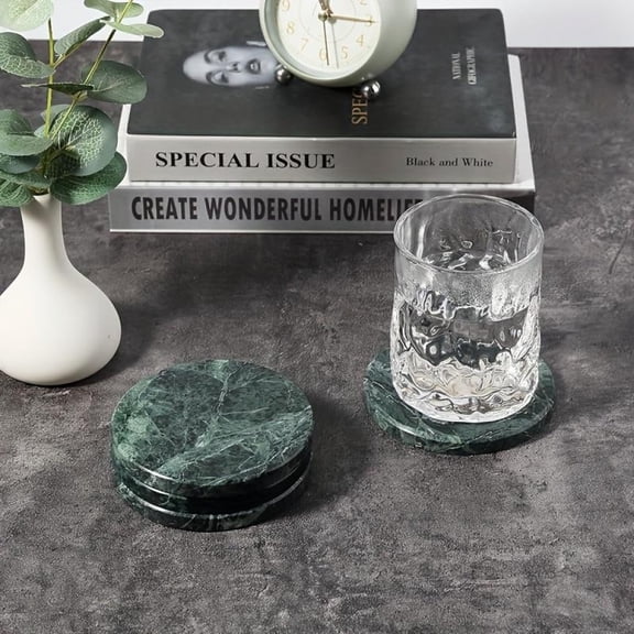 Green Marble Coasters for Drinks ,4-Pack Round Absorbent Stone Cup Holders with Cork Backing, Heat Resistant Table Protectors for Coffee Mugs, Wine Glasses & Barware, Elegant Home Decor Gift Set (Dar