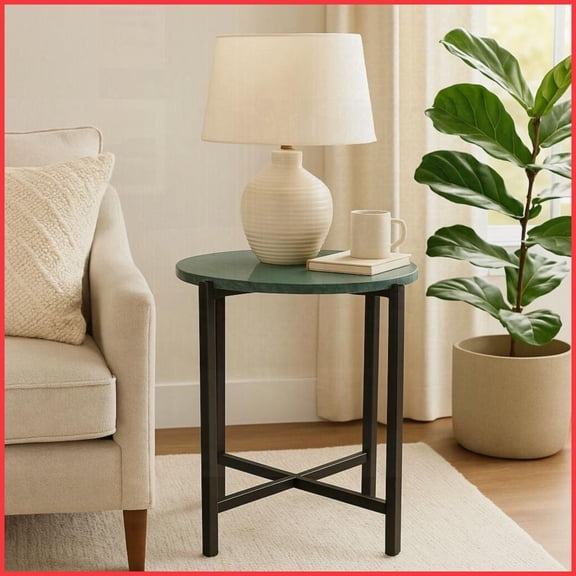 Green Marble Coffee Table for Living Room 21-Inch with Durable Metal Legs, Space-Saving & Easy to Clean