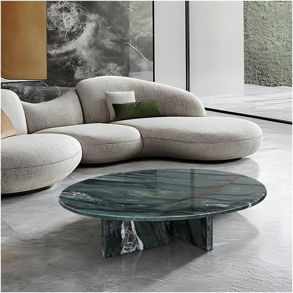 Green Marble Coffee Table with Metal Base, Luxury Natural Stone Center Table for Living Room, Round Designer Accent Table