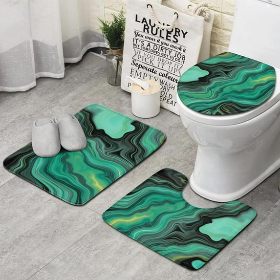Green Marble Color Flow Pattern Bathroom Rugs Sets 3 Piece,Toilet Cover Set,Absorbent Non Slip Bathroom Mats Sets with U-Shaped Contour Rug Toilet Rug Set